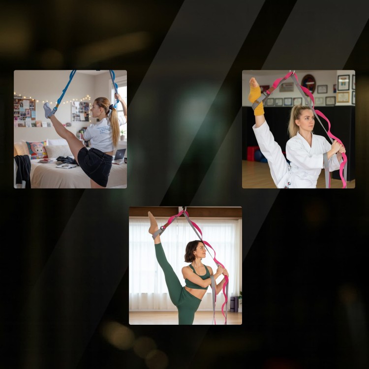 Pas do rozciągania nóg i ćwiczeń jogi różowy z zaczepem na drzwi