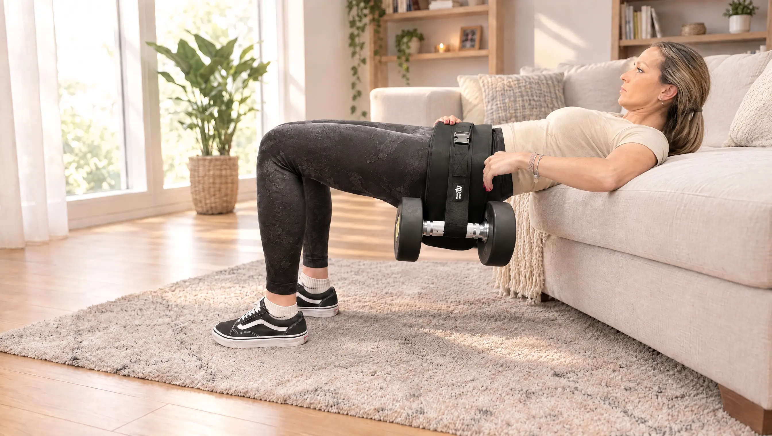 Hip thrust w domu z hantlom na pasie